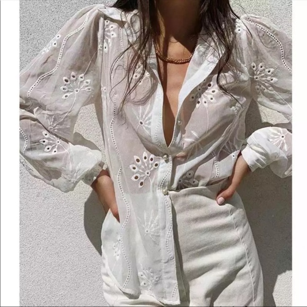 Boho embroidered eyelet button up Blouse White - Picture 5 of 11